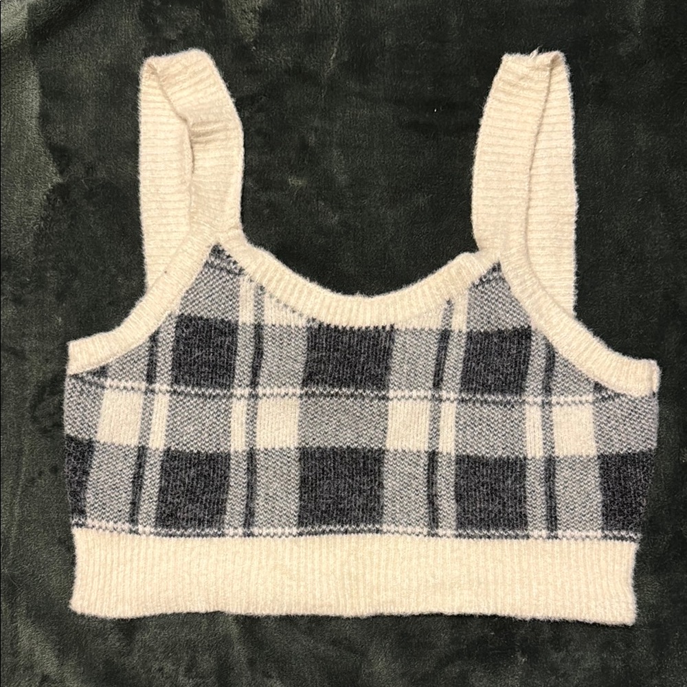 Plaid Knit Crop Top - Cream and Gray